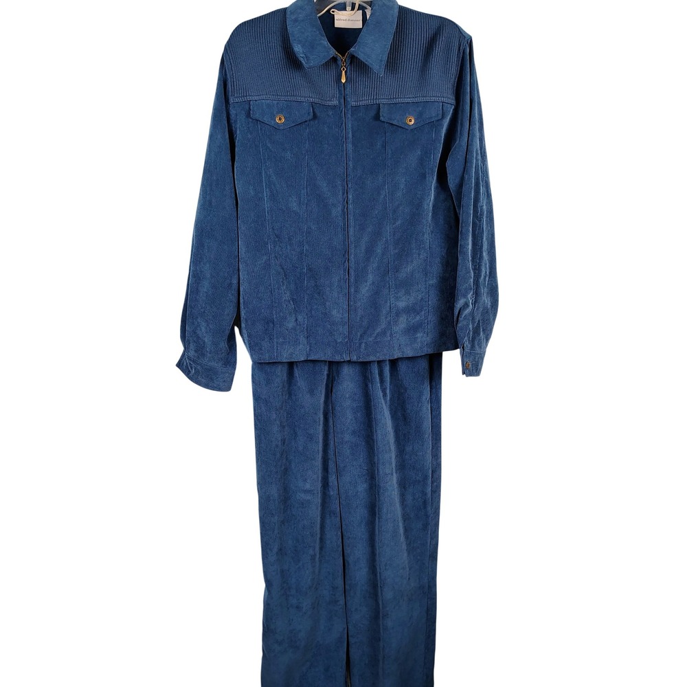 Alfred Dunner Womens SZ 16 Corduroy Jacket Pants Set Blue Ribbed Grandma Core